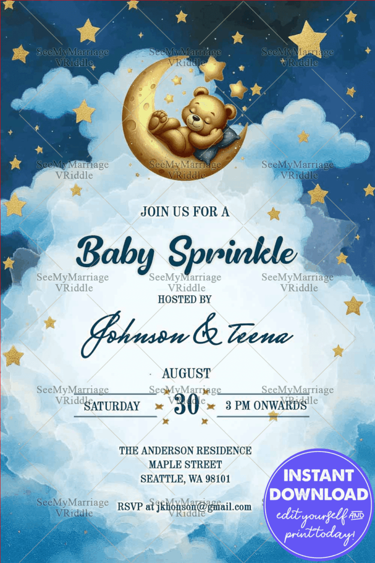 Magical Night Baby Sprinkle Card with Teddy Resting on Crescent Moon under Twinkling Stars in a Cloudy Sky Theme