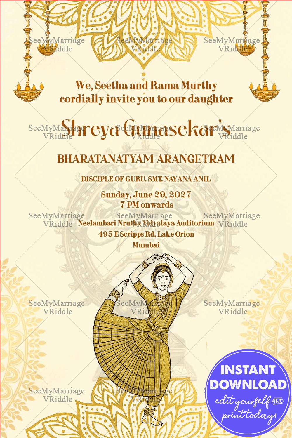 Mandala Theme Bharatanatyam Arangetram Invitation Card with Classical Dancer Illustration and Golden Accents