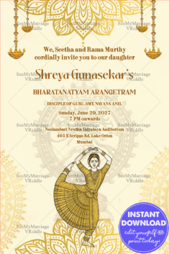 Mandala Theme Bharatanatyam Arangetram Invitation Card with Classical Dancer Illustration and Golden Accents