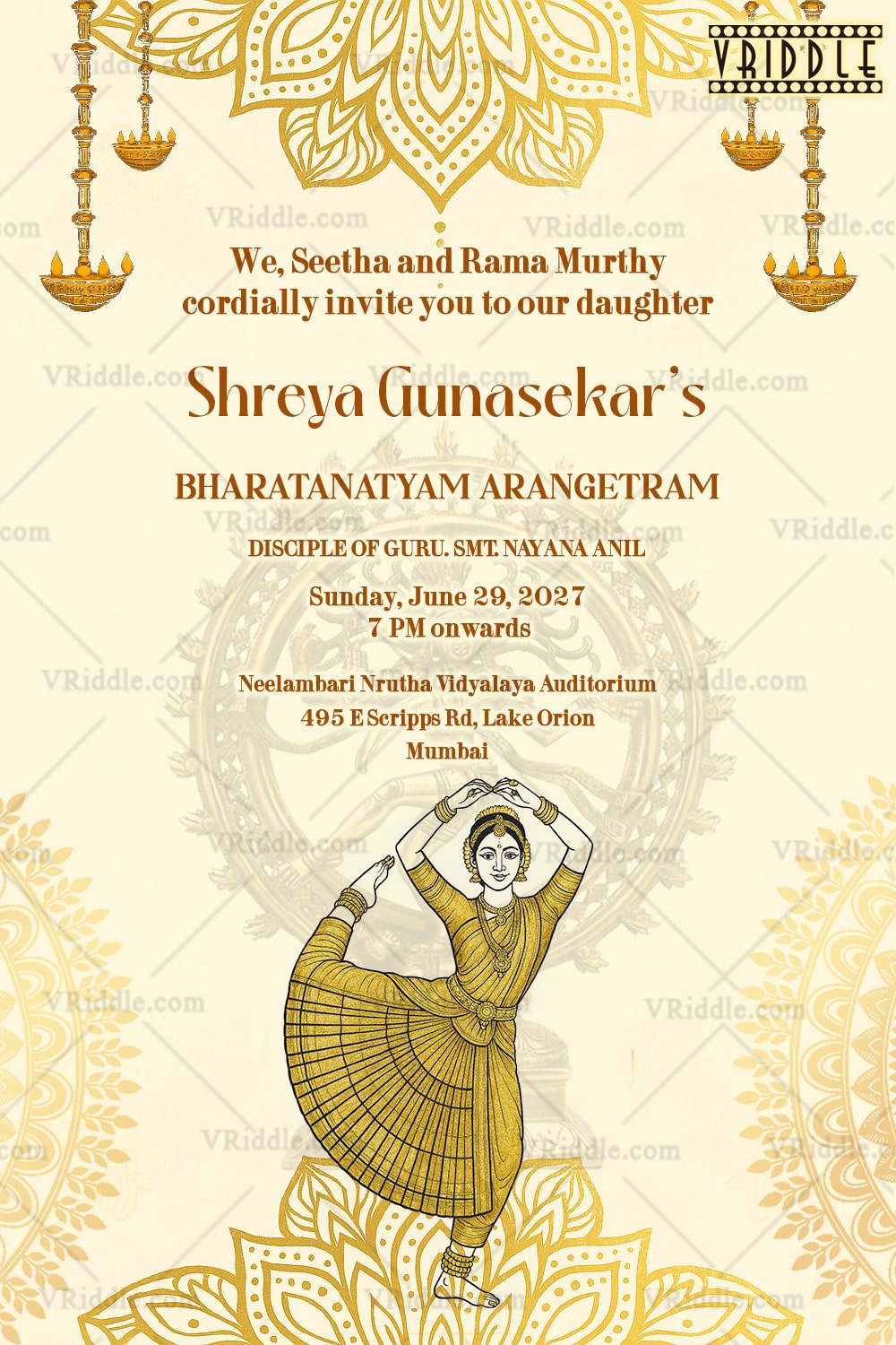 Mandala Theme Bharatanatyam Arangetram Invitation Card with Classical Dancer Illustration and Golden Accents