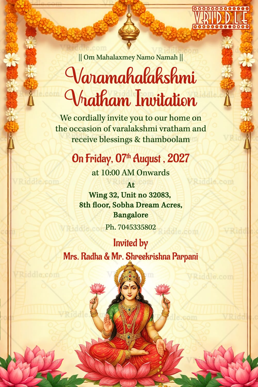 Marigold Theme Varamahalakshmi Vratham Invitation Card with Lakshmi Illustration and Lotus Motif