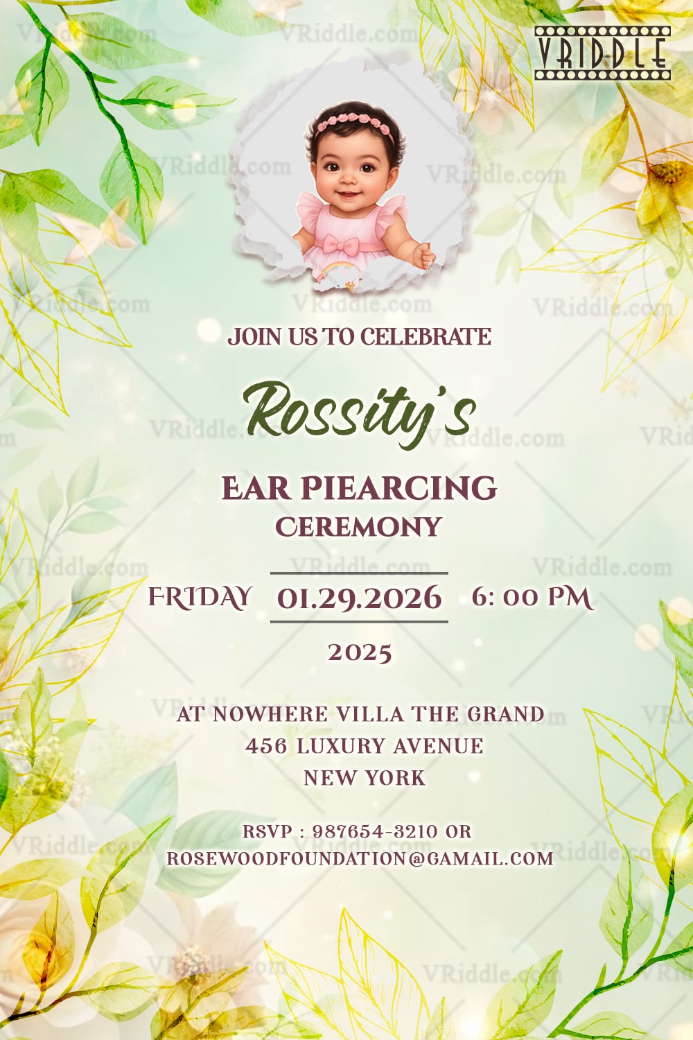 Minimalist Green Ear Piercing Ceremony Invitation with Baby Portrait Add Photo option & Elegant Leafy Accents