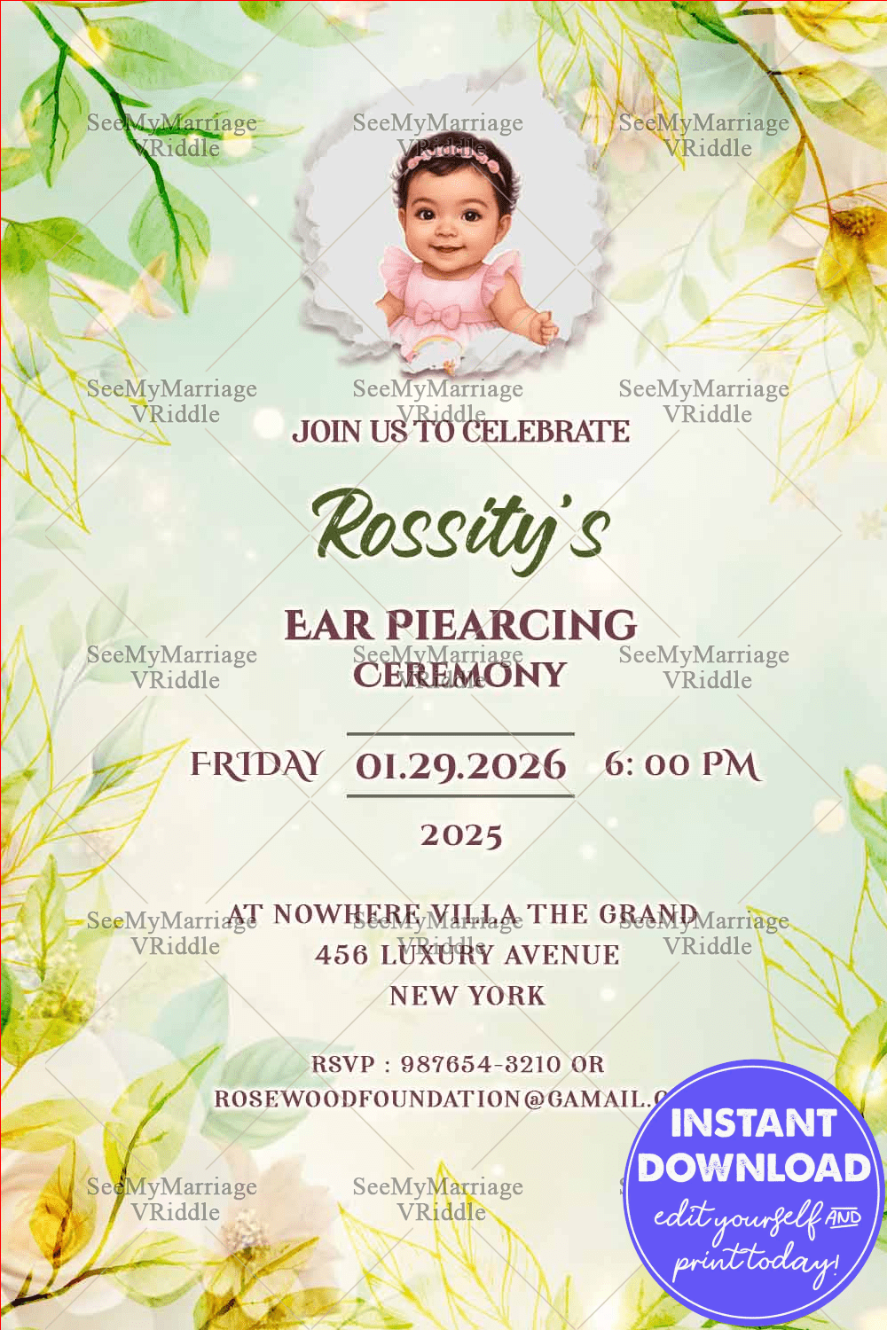 Minimalist Green Ear Piercing Ceremony Invitation with Baby Portrait Add Photo option & Elegant Leafy Accents