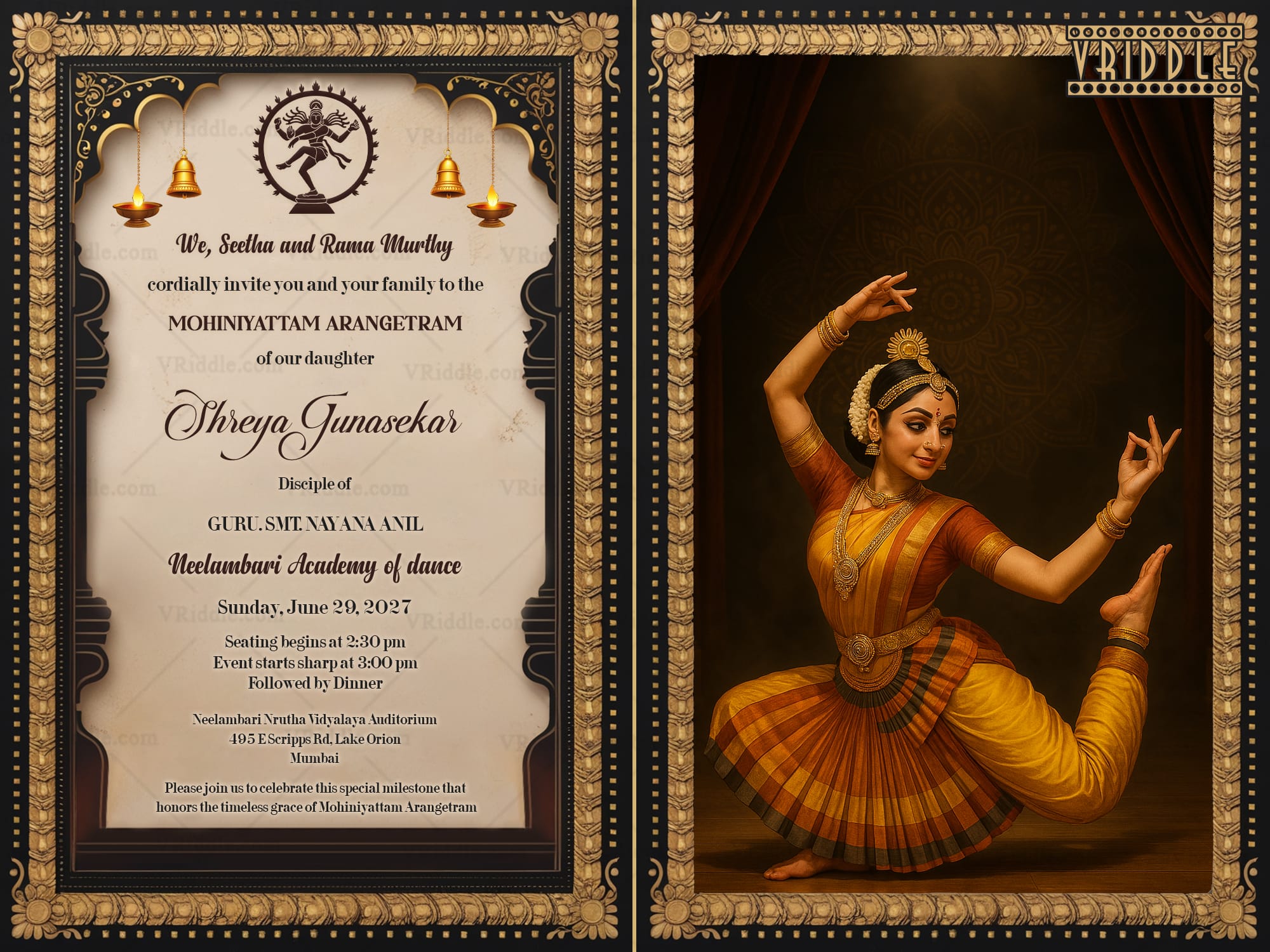 Mohiniyattam Arangetram Invitation Card with Add Photo, Dancer Illustration and Temple Motifs