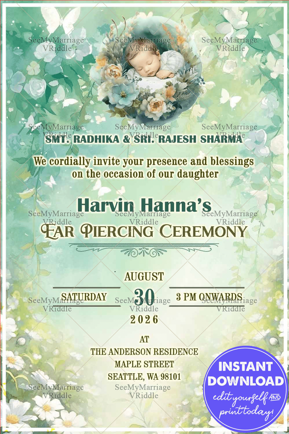 Nature-Themed Ear Piercing Ceremony Invitation with Sleeping Baby & Soft Floral Meadow Background