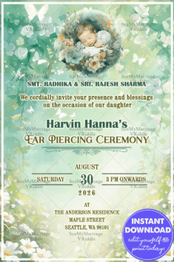 Nature-Themed Ear Piercing Ceremony Invitation with Sleeping Baby & Soft Floral Meadow Background