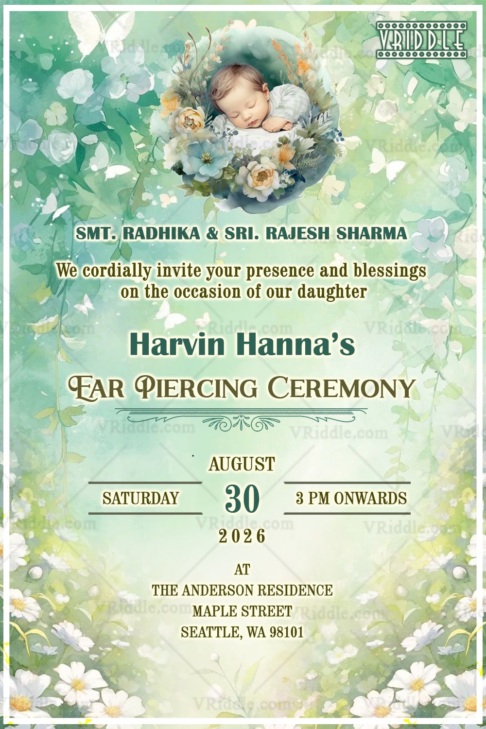 Nature-Themed Ear Piercing Ceremony Invitation with Sleeping Baby & Soft Floral Meadow Background