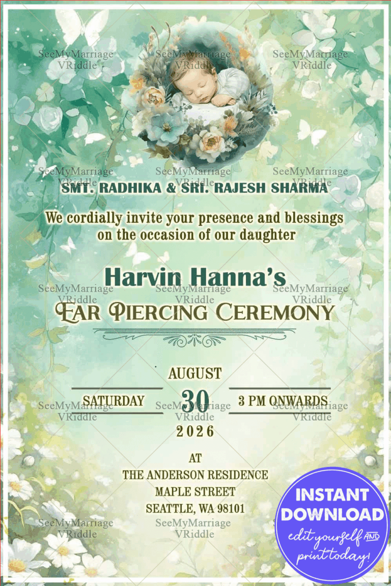 Nature-Themed Ear Piercing Ceremony Invitation with Sleeping Baby & Soft Floral Meadow Background