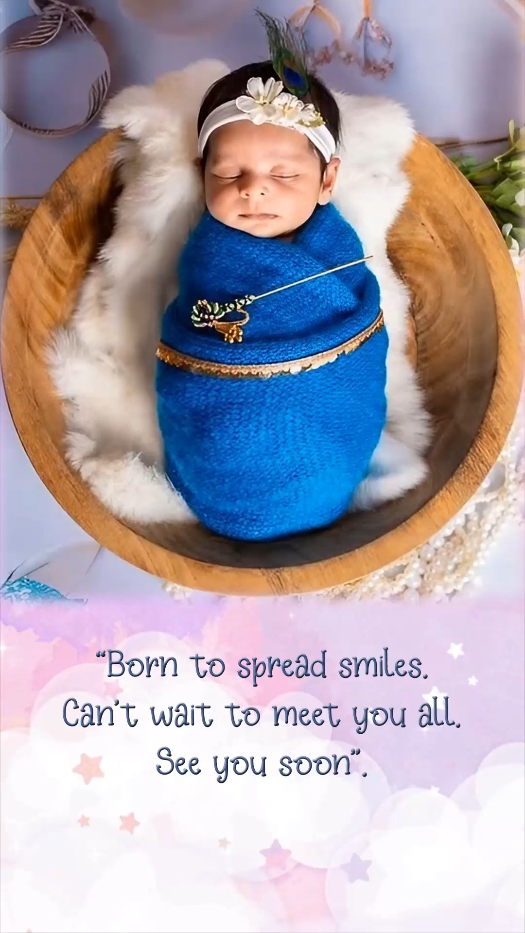 Newborn Baby Announcement Video with Baby Wrapped in Blue and Pastel Cloud Background