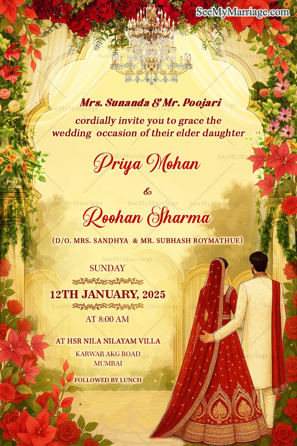 North Indian Wedding Invitation with lush Red Rose, Palace Arch & Traditional Couple Illustration In Warm Beige BG