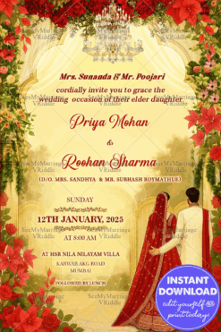 North Indian Wedding Invitation with lush Red Rose, Palace Arch & Traditional Couple Illustration In Warm Beige BG