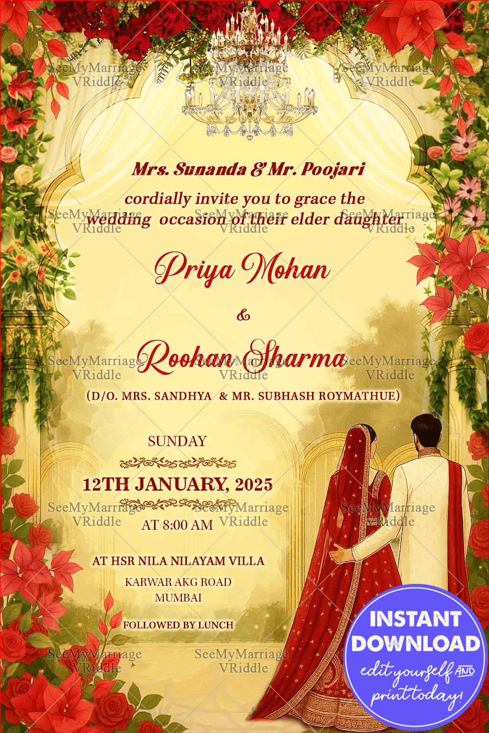 North Indian Wedding Invitation with lush Red Rose, Palace Arch & Traditional Couple Illustration In Warm Beige BG