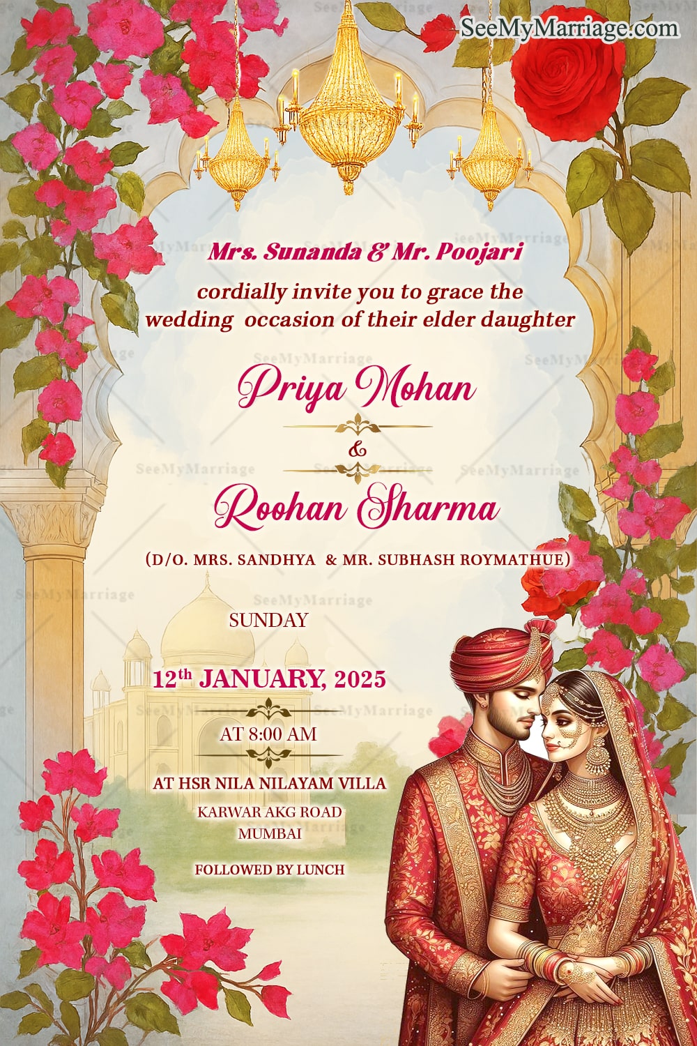 North Indian Wedding Invitation with lush Red Roses, Palace Arch & Traditional Couple Illustration In Warm Beige BG