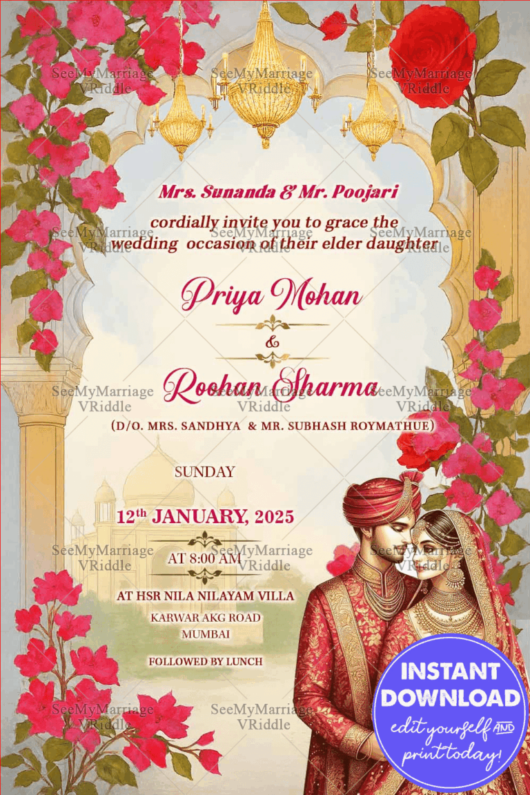 North Indian Wedding Invitation with lush Red Roses, Palace Arch & Traditional Couple Illustration In Warm Beige BG