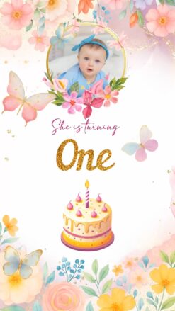 Pastel Butterfly Theme First Birthday Invitation Video with Add Photo and Flowers, Cake