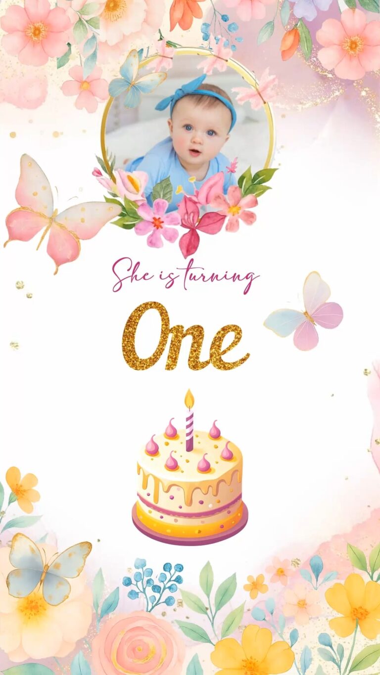 Pastel Butterfly Theme First Birthday Invitation Video with Add Photo and Flowers, Cake