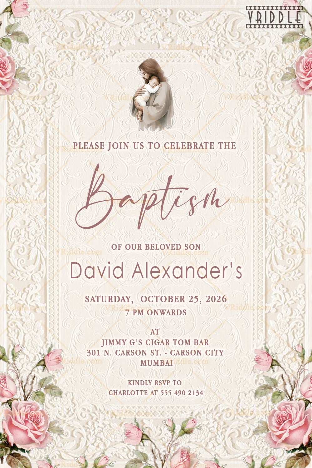 Peaceful Blessings Baptism Invitation with Vintage Elegance & Floral Grace with Embossed Background