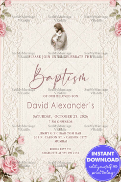 Peaceful Blessings Baptism Invitation with Vintage Elegance & Floral Grace with Embossed Background