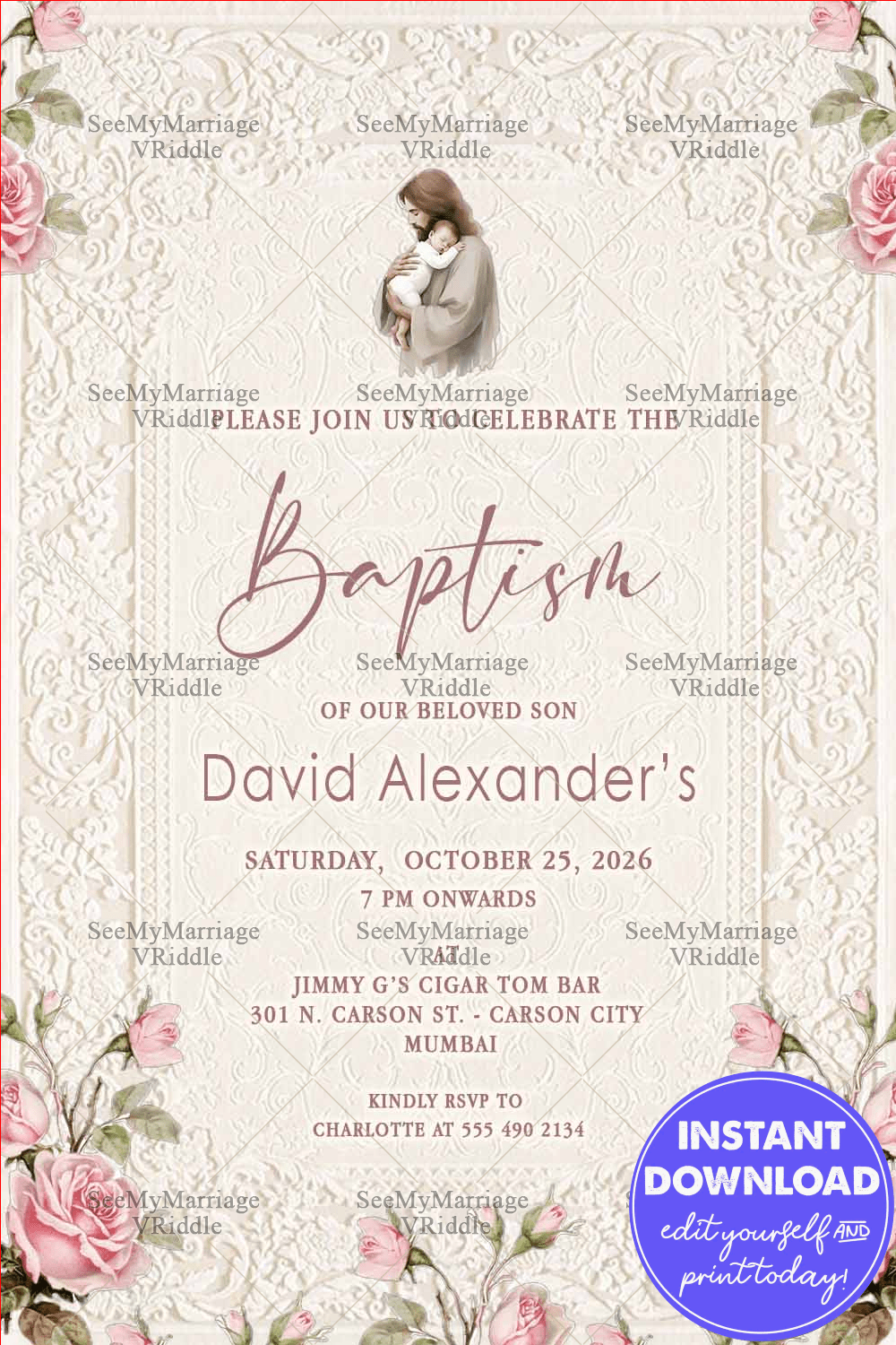Peaceful Blessings Baptism Invitation with Vintage Elegance & Floral Grace with Embossed Background