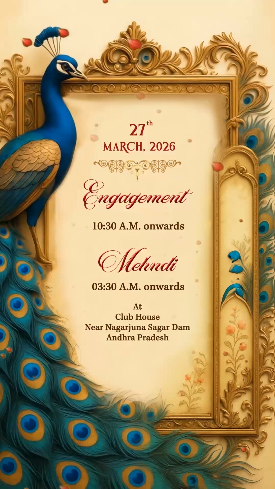 Peacock Feathers Wedding Invitation video with Engagement, Mehndi, Sangeet, Haldi, Reception, Save The Date