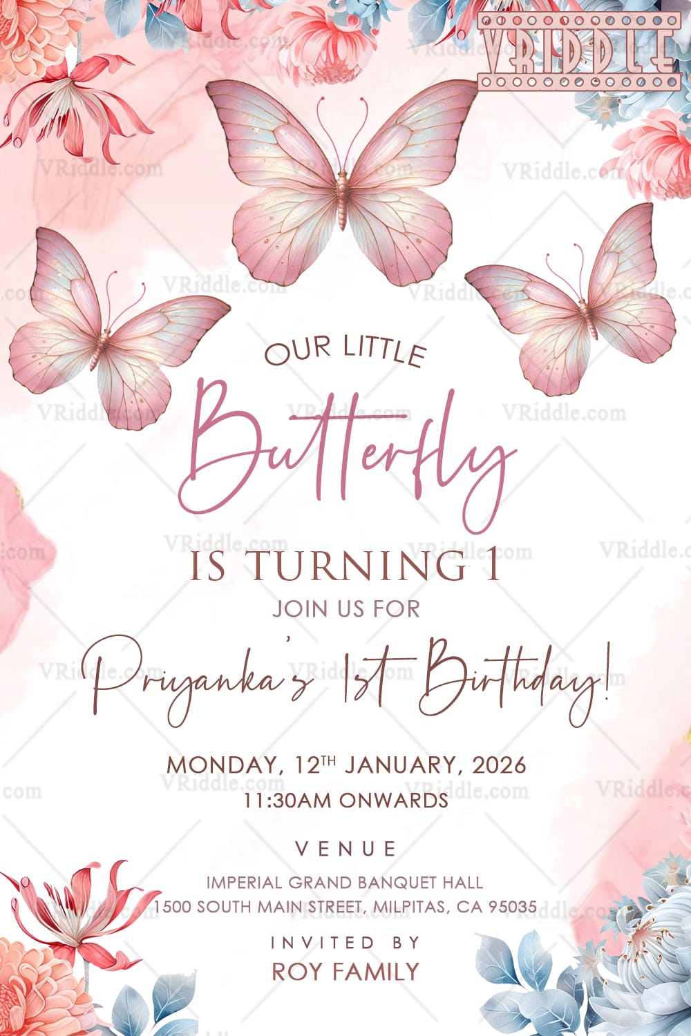 Pink Butterfly Theme First Birthday Invitation Card with Soft Botanical Accents