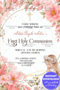 Praying Girl Illustration First Holy Communion Invitation with Golden Accents and Blush Pink Floral