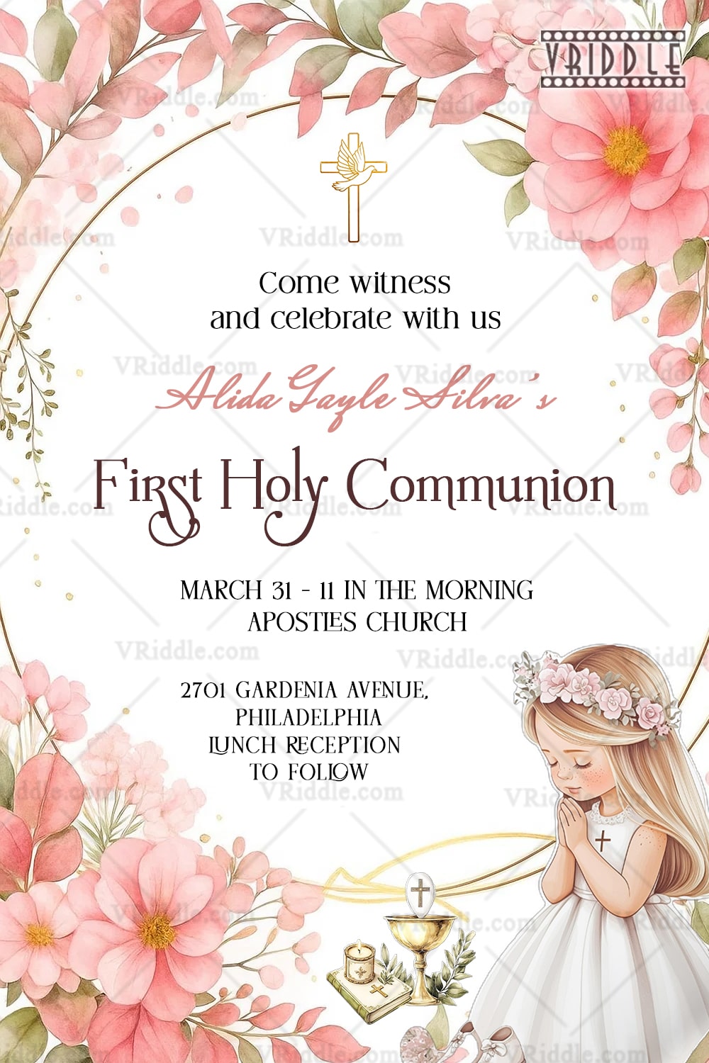 Praying Girl Illustration First Holy Communion Invitation with Golden Accents and Blush Pink Floral