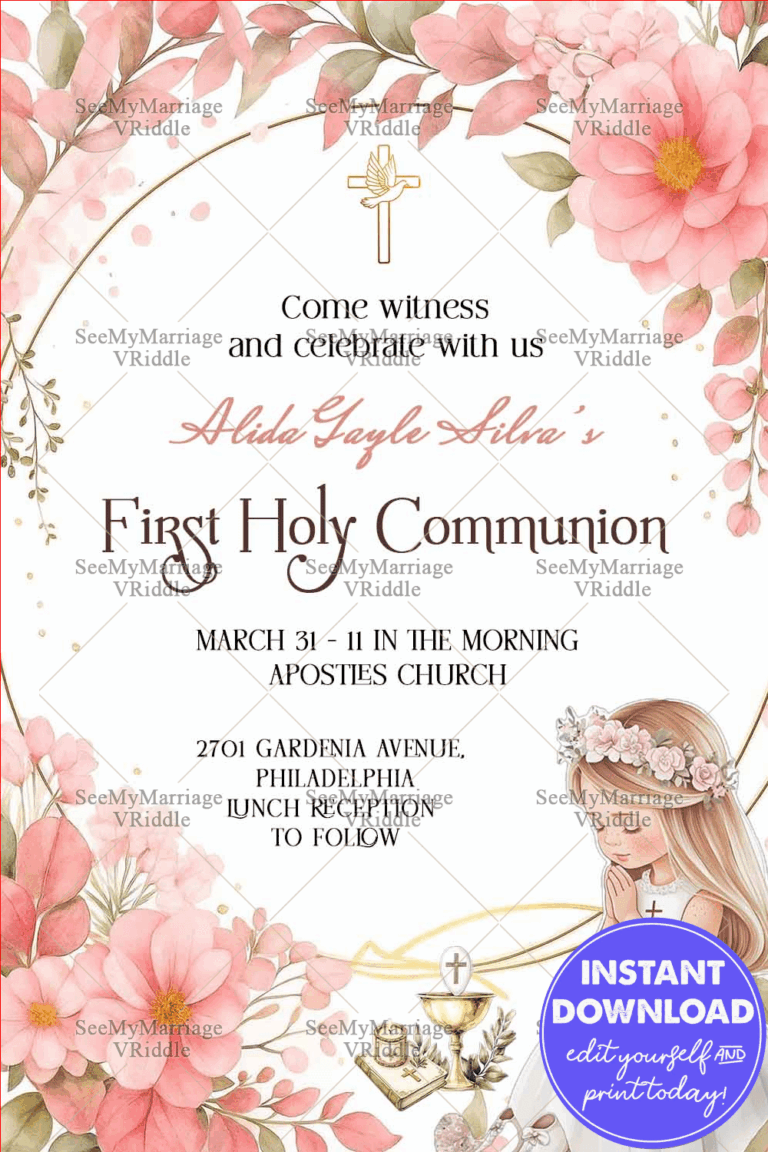 Praying Girl Illustration First Holy Communion Invitation with Golden Accents and Blush Pink Floral