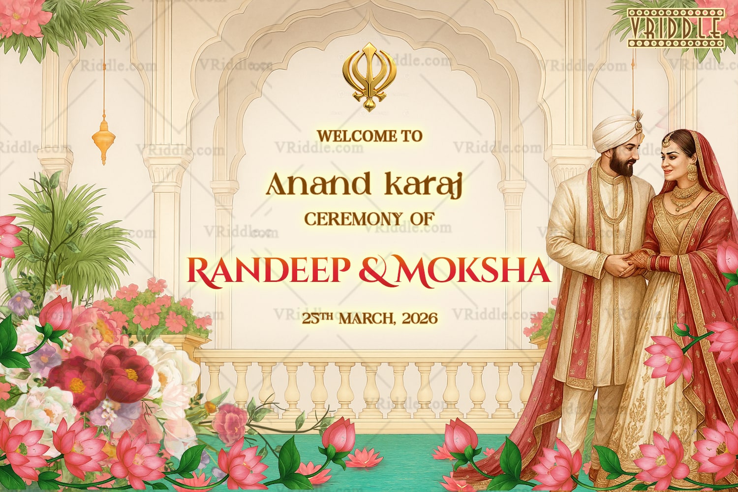 Royal Punjabi Anand Karaj Wedding Welcome Sign Board with Couple Illustration and Floral Mandap