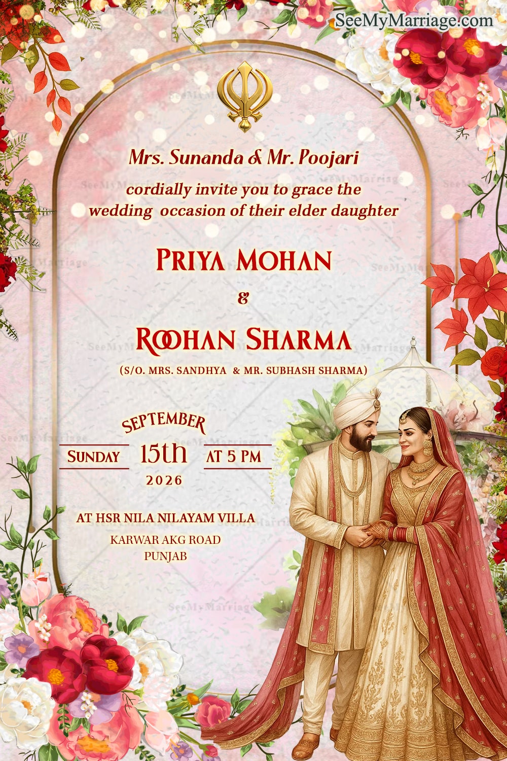 Punjabi Wedding Invitation Card with Vibrant Floral Frame and Traditional Bride-Groom Illustration In Soft Pastel BG