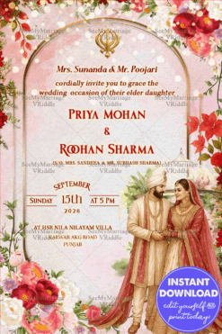 Punjabi Wedding Invitation Card with Vibrant Floral Frame and Traditional Bride-Groom Illustration In Soft Pastel BG