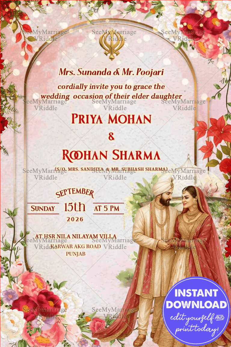 Punjabi Wedding Invitation Card with Vibrant Floral Frame and Traditional Bride-Groom Illustration In Soft Pastel BG