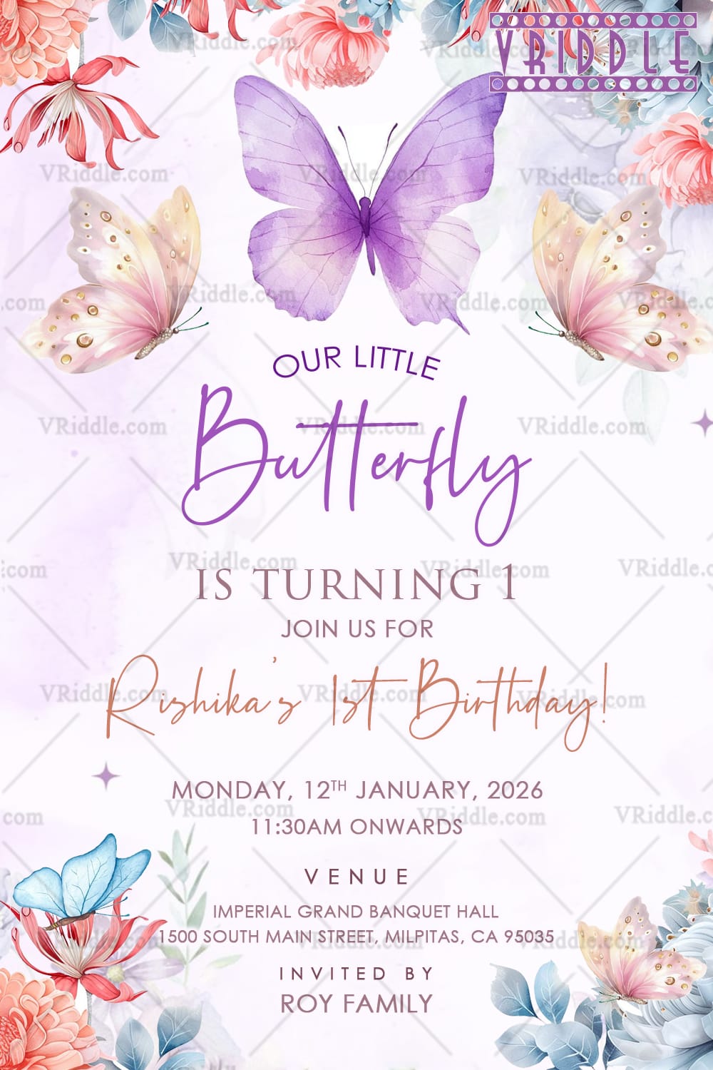 Purple Butterfly Theme First Birthday Invitation Card with Blossoms