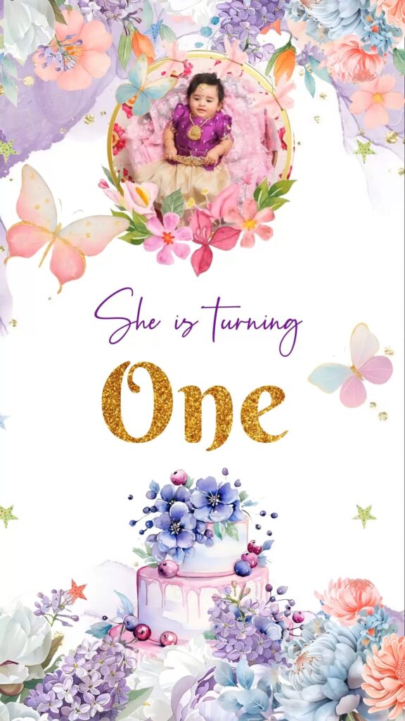 Purple Theme Butterfly First Birthday Invitation Video with Add Photo, Blossoms and Florals