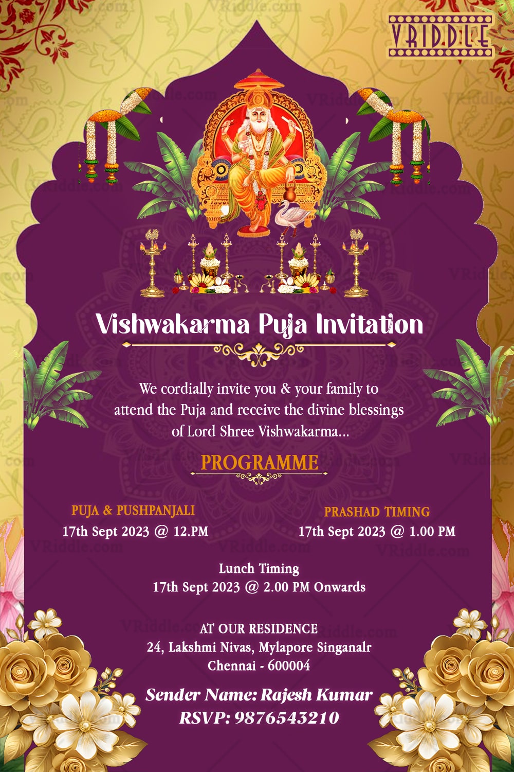 Radiant Gold Arch Vishwakarma Puja Invitation with Lord Shree Vishwakarma Illustration, Marigold Garlands & Golden Floral Accents