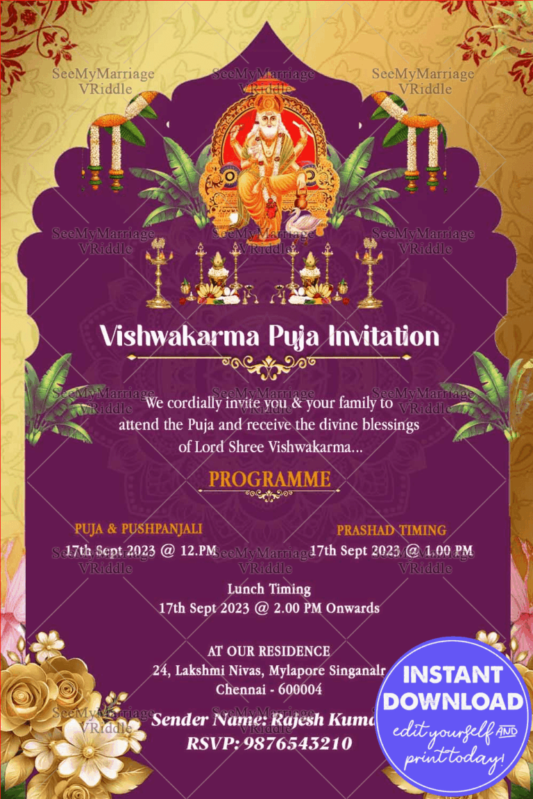 Radiant Gold Arch Vishwakarma Puja Invitation with Lord Shree Vishwakarma Illustration, Marigold Garlands & Golden Floral Accents