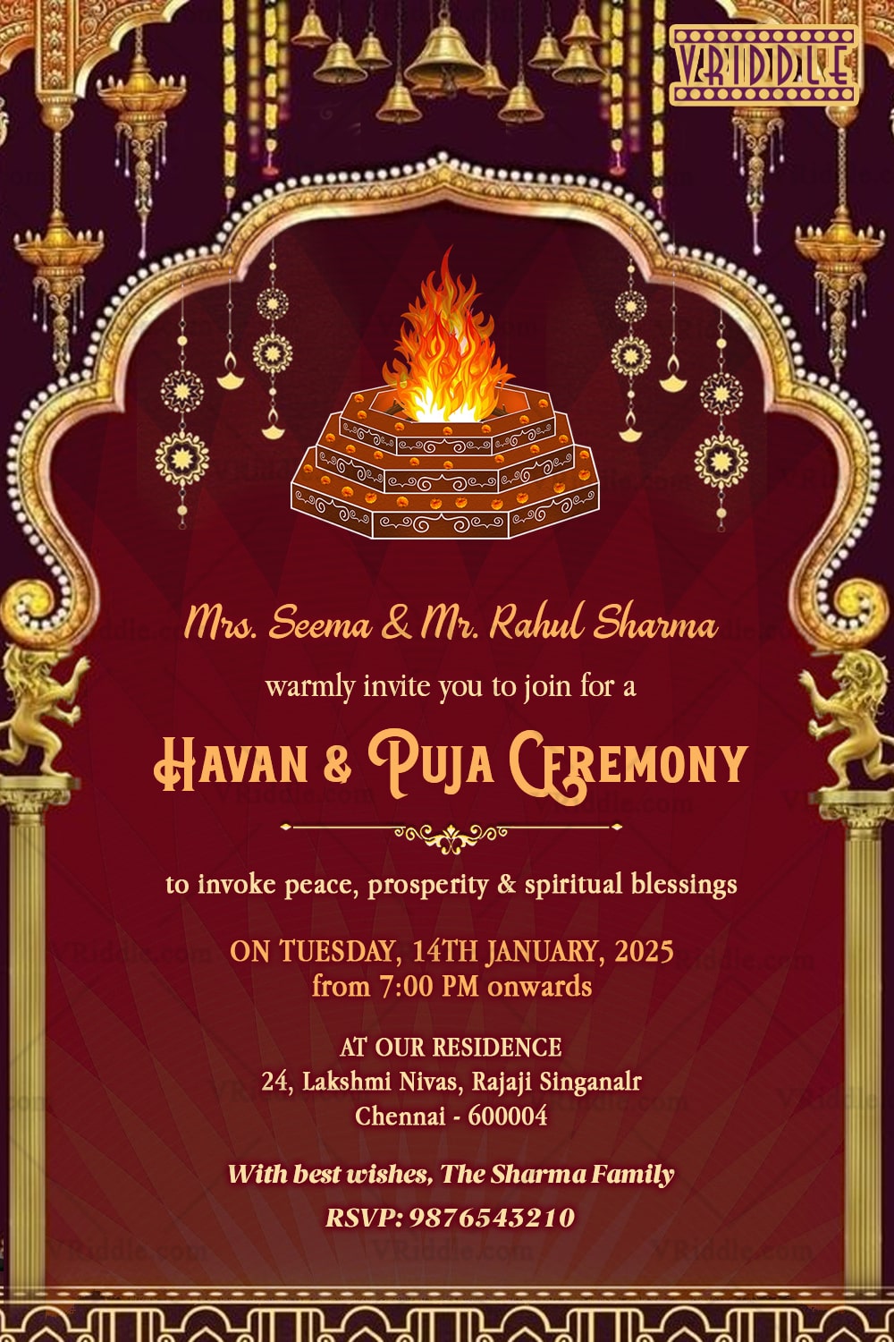 Radiant Havan & Pooja Invitation with Golden Temple Bells, Ornate Fire Pit, and Festive Maroon Backdrop