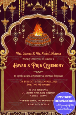 Radiant Havan & Pooja Invitation with Golden Temple Bells, Ornate Fire Pit, and Festive Maroon Backdrop