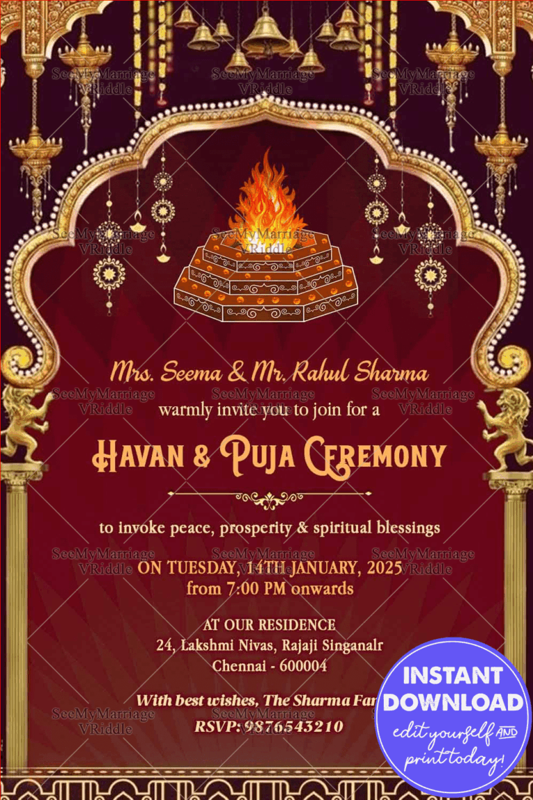 Radiant Havan & Pooja Invitation with Golden Temple Bells, Ornate Fire Pit, and Festive Maroon Backdrop
