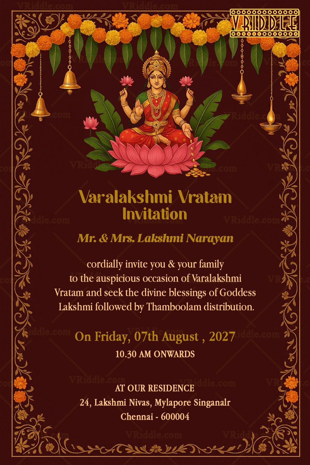 Radiant Maroon Varalakshmi Vratam Invitation with Marigold Garlands, Lotus Motifs & Goddess Lakshmi Illustration