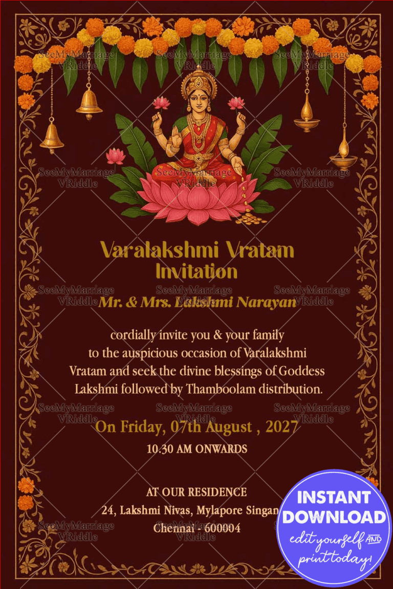 Radiant Maroon Varalakshmi Vratam Invitation with Marigold Garlands, Lotus Motifs & Goddess Lakshmi Illustration