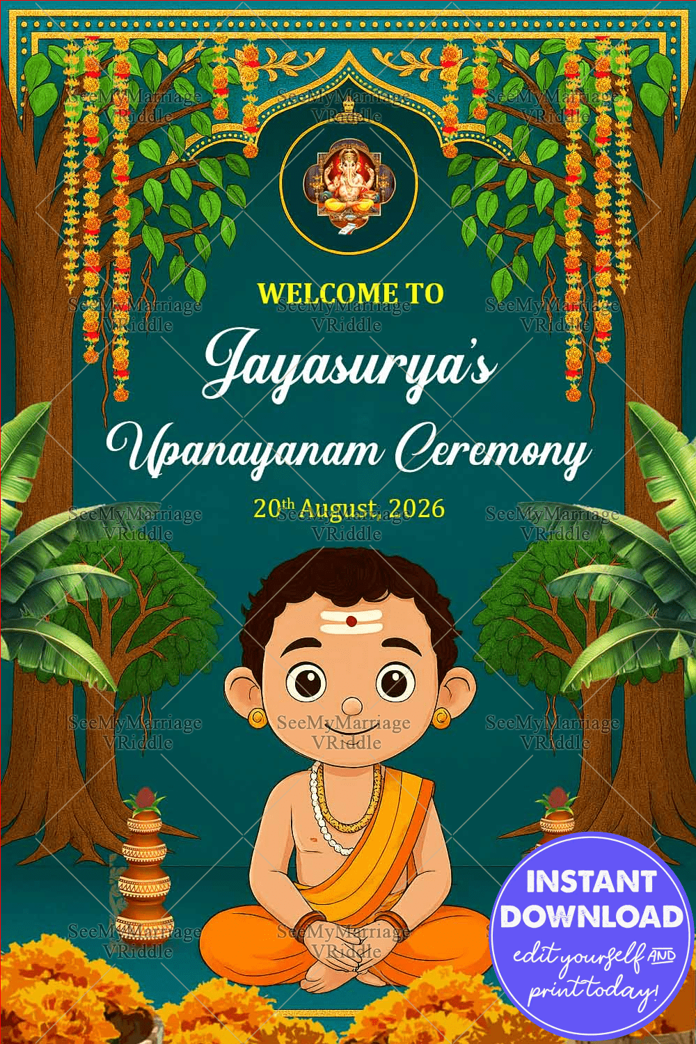 Radiating Cultural Upanayanam Ceremony Welcome Board with Cute Boy Illustration & Marigold Charm
