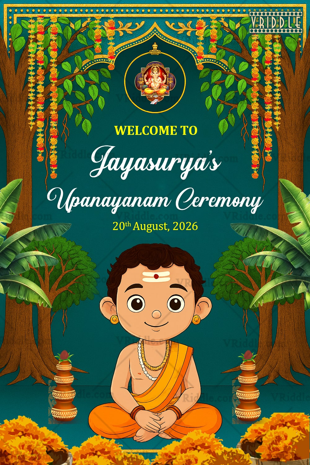 Radiating Cultural Upanayanam Ceremony Welcome Board with Cute Boy Illustration & Marigold Charm