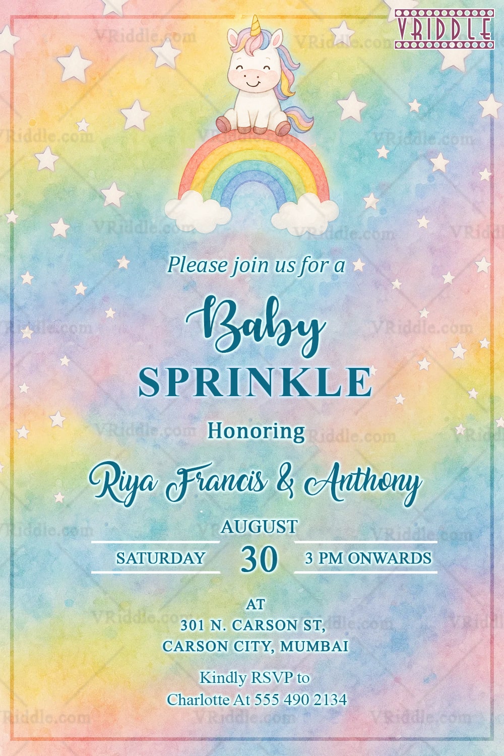 Rainbow Dreams Baby Sprinkle Invitation with Cute Unicorn and Starry Sky Background