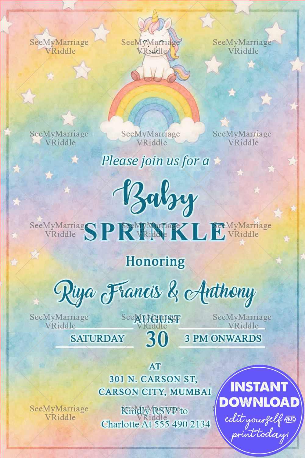 Rainbow Dreams Baby Sprinkle Invitation with Cute Unicorn and Starry Sky Background