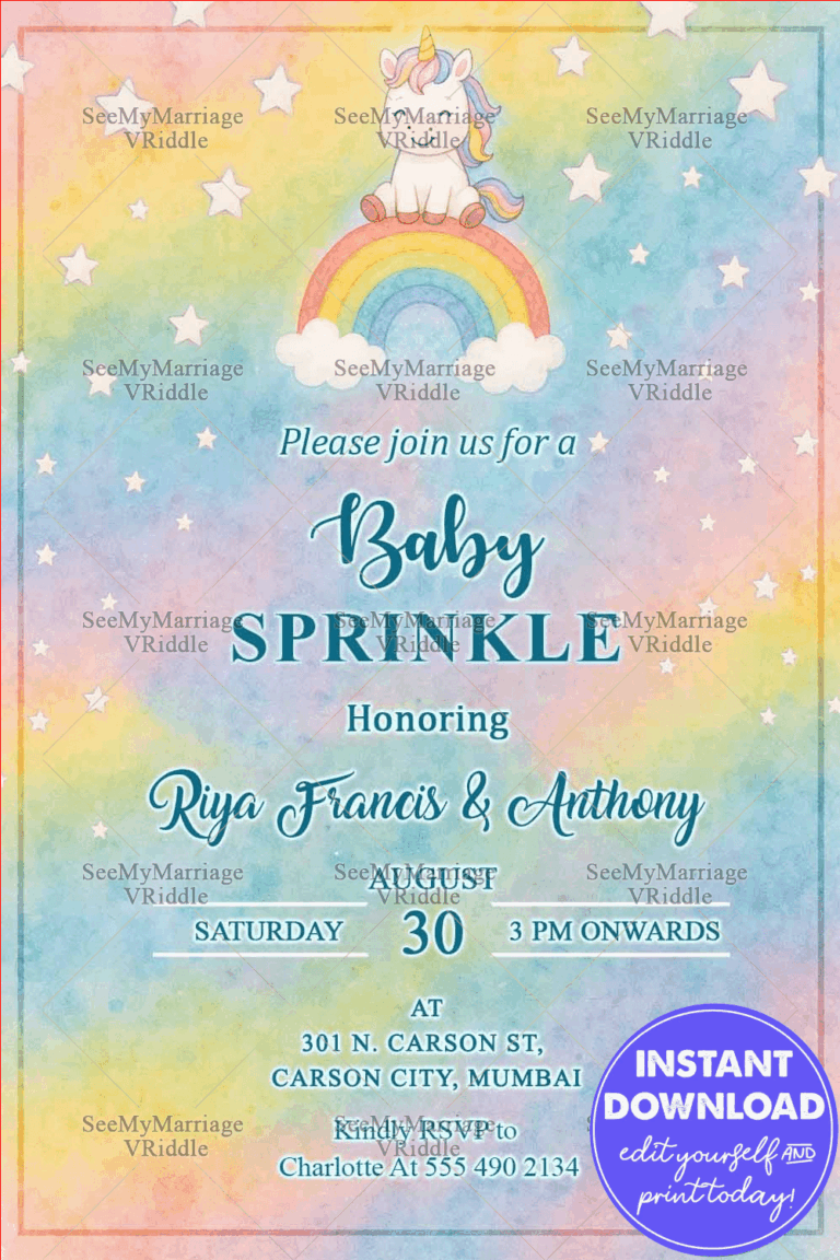 Rainbow Dreams Baby Sprinkle Invitation with Cute Unicorn and Starry Sky Background