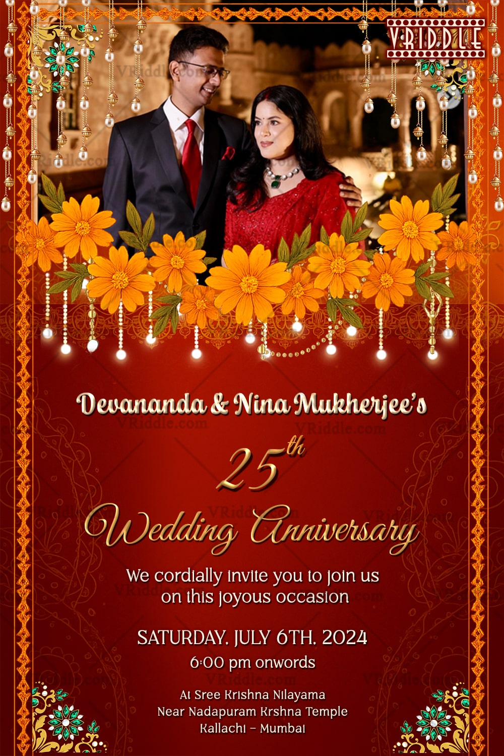 Regal Red Floral 25th Wedding Anniversary Invitation with Add Photo Option, Vibrant Marigold Blooms and Radiating Festive Elegance