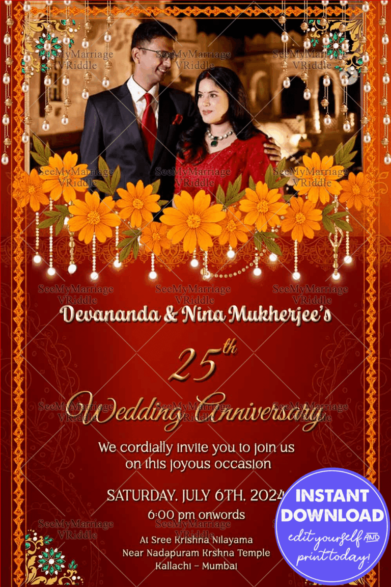 Regal Red Floral 25th Wedding Anniversary Invitation with Add Photo Option, Vibrant Marigold Blooms and Radiating Festive Elegance