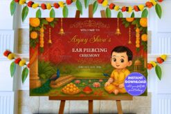 Royal Maroon Ear Piercing Ceremony Welcome Sign Board for Baby Illustration, Peacock, Marigold on Garden-Themed BG