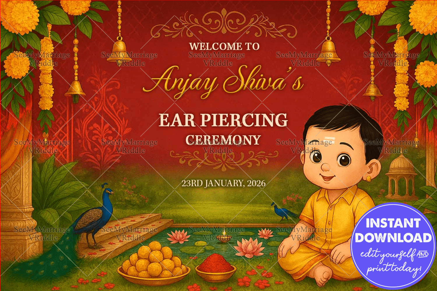 Royal Maroon Ear Piercing Ceremony Welcome Sign Board for Baby Illustration, Peacock, Marigold on Garden-Themed BG
